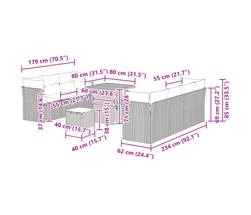 10 Gabalu Dārza Dīvānu Komplekts Ar Spilveniem Pelēkā Poli Rotangpalmas Akācijas Vidaxl