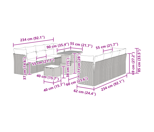 11 Daļu Dārza Dīvāns Ar Spilveniem Melna Poli Rotangpalma Akācija Vidaxl