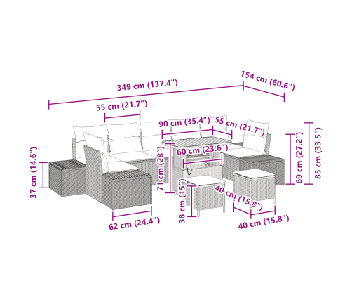 10 Gabalu Dārza Dīvānu Komplekts Ar Spilveniem Melna Polietilēna Rotangpalma Akācija Vidaxl