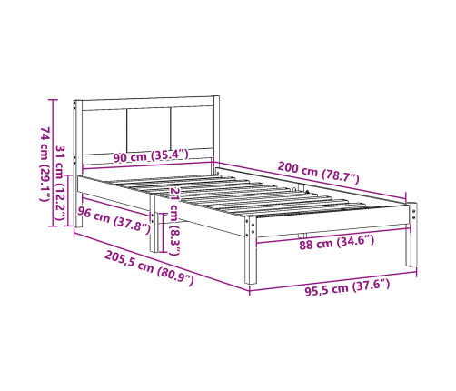 Viens Priedes Koka Gultņu Rāmis Dabīgs Cieta Priede 90 X 200 Cm Vidaxl