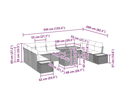11 Gabalu Dārza Ēdamgalds Ar Spilveniem Melnā Polietilēna Rotangpalmas Acijā Vidaxl