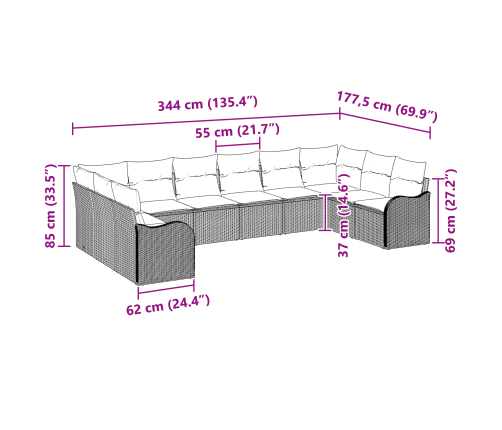 10 Gabalu Dārza Dīvānu Komplekts Ar Spilveniem Bēšs Poli Rattan Vidaxl