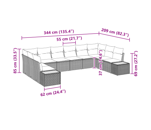 10 Gab. Dārza Dīvānu Komplekts Ar Spilventiņiem Bēšs Poli Rotangpalma Vidaxl