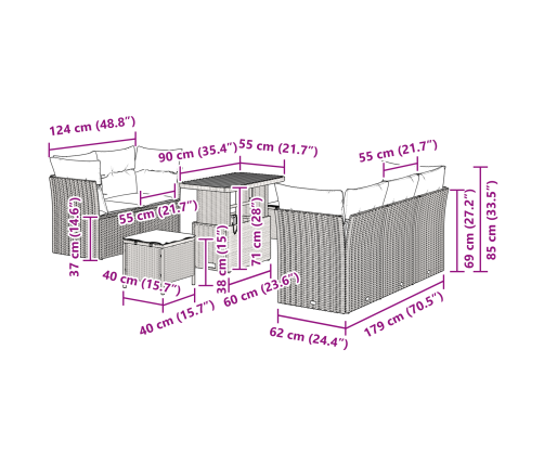 8 Gabalu Dārza Dīvāns Ar Spilveniem Melnā Rotangpalmas Akācijā Vidaxl