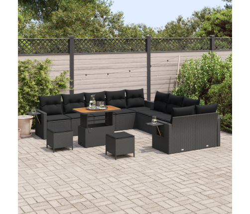 13 Gabalu Dārza Dīvānu Komplekts Ar Spilveniem - Melna Polietilēna Rotangpalma Akacija Vidaxl