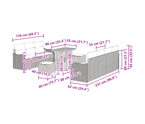 10 Rindas Dārza Dīvānu Komplekts Ar Spilveniem Bēšs Poli Rotangpalma Akācija Vidaxl