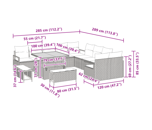 13 Gabalu Dārza Dīvānu Komplekts Ar Spilveniem Bēšs Polietilēna Rotangpalma Akācija Vidaxl