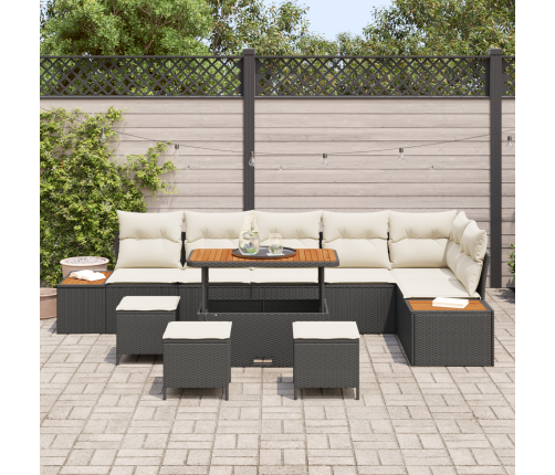 10 Gab. Dārza Dīvānu Komplekts Ar Spilveniem, Melns, Polietilēna Rotangpalmas, Akācija Vidaxl