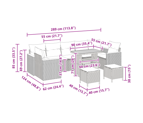 10 Gabalu Dārza Dīvānu Komplekts Ar Spilveniem Bēšs Poli Rotangpalma Akācija Vidaxl