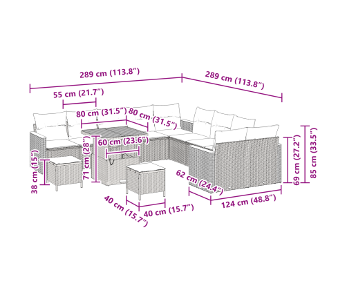 13 Daļu Dārza Dīvāna Komplekts Ar Spilveniem Pelēks Poli Rotangpalma Akācija Vidaxl