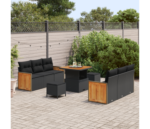 9 Daļu Dārza Dīvānu Komplekts Ar Spilveniem Melns Poli Rotangpalma Akācija Vidaxl