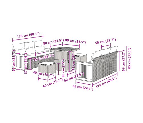 9 Daļu Dārza Dīvānu Komplekts Ar Spilveniem Melns Poli Rotangpalma Akācija Vidaxl