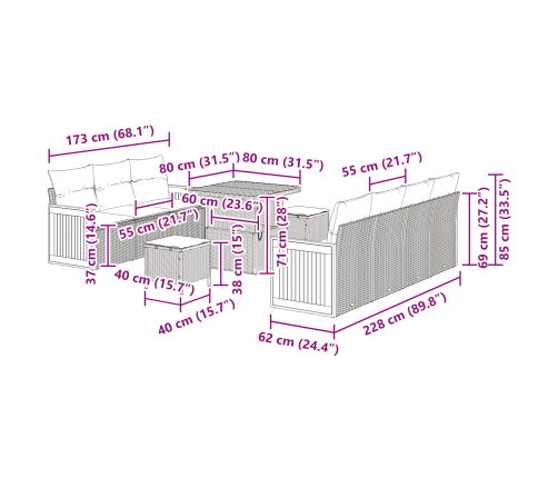 10 Gabalu Dārza Dīvānu Komplekts Ar Spilveniem, Bēšs Poli Rotangpalma Akācijas Vidaxl