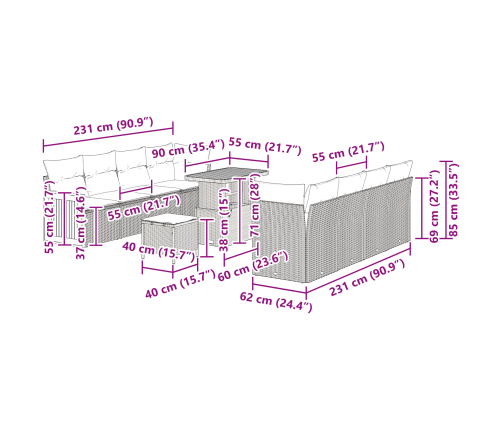 11 Daļu Dārza Dīvānu Komplekts Ar Spilveniem Pelēkā Poli Rotangpalmas Akācijā Vidaxl