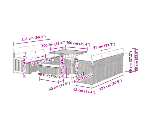 11 Daļu Dārza Dīvānu Komplekts Ar Spilveniem Bēšā Poli Rotangpalmas Akācijā Vidaxl