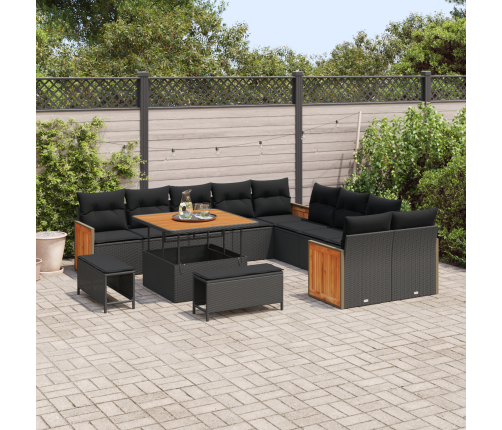 13 Gabalu Dārza Dīvānu Komplekts Ar Spilveniem Melnā Krāsā Polietilēna Rotangpalma Un Akācija Vidaxl