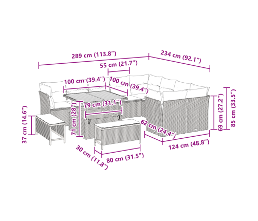 12 Daļu Dārza Dīvānu Komplekts Ar Spilveniem Melnā Poli Rotangā Akācija Vidaxl