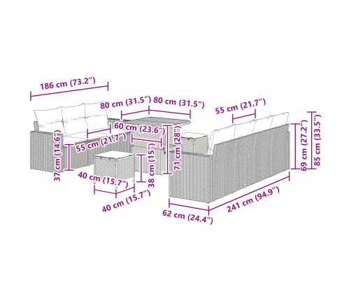 10 Gabali Dārza Dīvānu Komplekts Ar Spilveniem Pelēkā Poli Rotangpalma Akācija Vidaxl