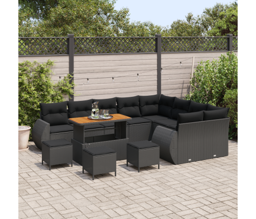 13 Gabalu Dārza Dīvānu Komplekts Ar Spilveniem, Melns, Poli Rotangpalma, Akācija Vidaxl