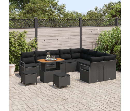 12 Daļu Dārza Dīvānu Komplekts Ar Spilveniem, Melns, Poli Ratanas, Akācija Vidaxl