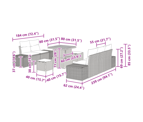8 Daļu Dārza Dīvānu Komplekts Ar Spilveniem Melnā Polirattan Akācijā Vidaxl