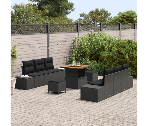 9 Gabalu Dārza Dīvānu Komplekts Ar Spilveniem Melns Poli Rotangpalma Akācija Vidaxl