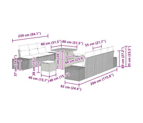 10 Daļu Dārza Dīvānu Komplekts Ar Spilveniem Melnā Polietilēna Rotangpalma Akācija Vidaxl