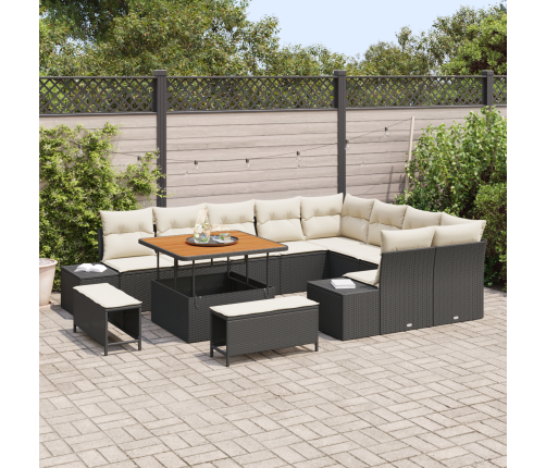 12 Gabalu Dārza Dīvānu Komplekts Ar Spilveniem Melnā Poli Rattan Akācijā Vidaxl