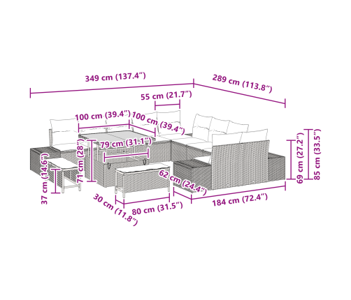 13 Daļīgs Dārza Dīvānu Komplekts Ar Spilveniem Pelēka Polietilēna Rotangpalma Akācija Vidaxl