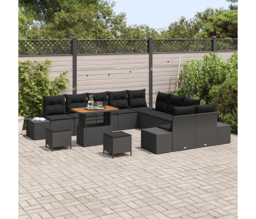 13 Daļīgais Dārza Dīvānu Komplekts Ar Spilveniem Melnā Poli Ratanā Akācijas Tonī Vidaxl