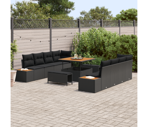 11 Daļu Dārza Sofa Komplekts Ar Spilveniem Melnā Poli Rotangpalmas Akācijā Vidaxl