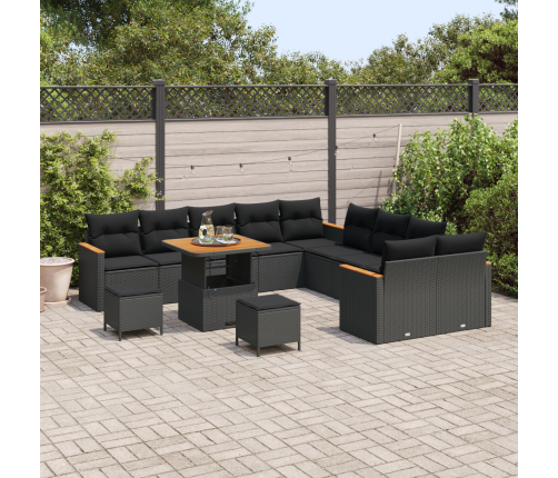 13 Gabalu Dārza Dīvānu Komplekts Ar Spilveniem Melnā Poli Ratanu Akācijā Vidaxl