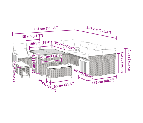13 Gabalu Dārza Dīvāna Komplekts Ar Spilveniem Melnā, Polietilēna Rotangpalma Akācija Vidaxl