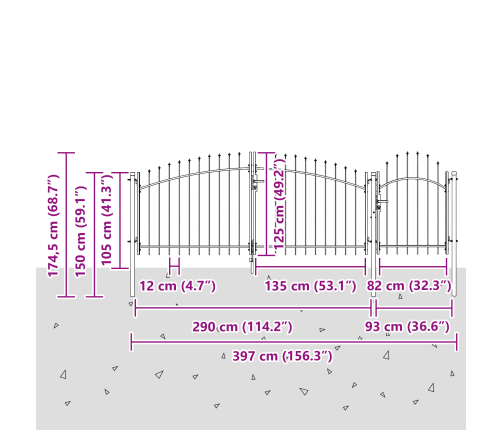Vidaxl Dārza Vārti Ar Šķērsvirsmu Pelēki 125X400 Cm Tērauds