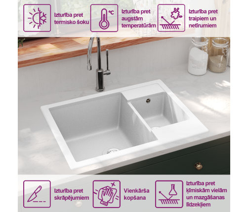 vidaXL virtuves izlietne ar noteci, 2 bļodas, balts granīts