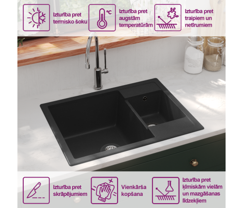 vidaXL virtuves izlietne ar noteci, 2 bļodas, melns granīts