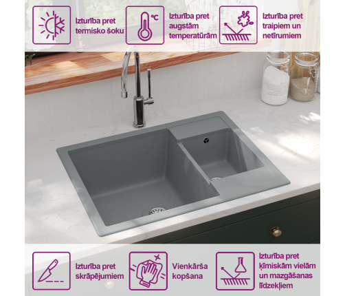 vidaXL virtuves izlietne ar noteci, 2 bļodas, pelēks granīts