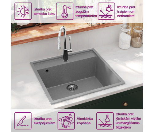 vidaXL virtuves izlietne ar noteci, pelēks granīts