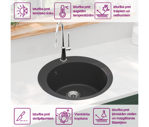 vidaXL virtuves izlietne, viena bļoda, melna, apaļa, granīta