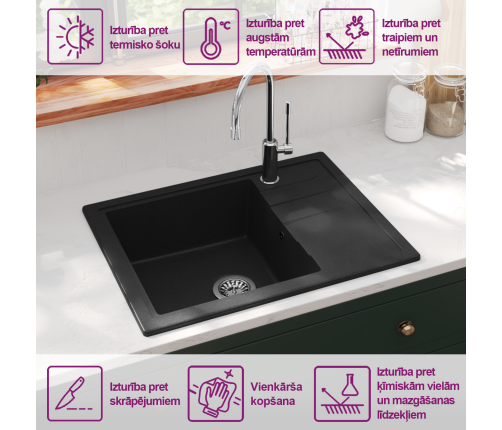 vidaXL virtuves izlietne ar noteci, melns granīts