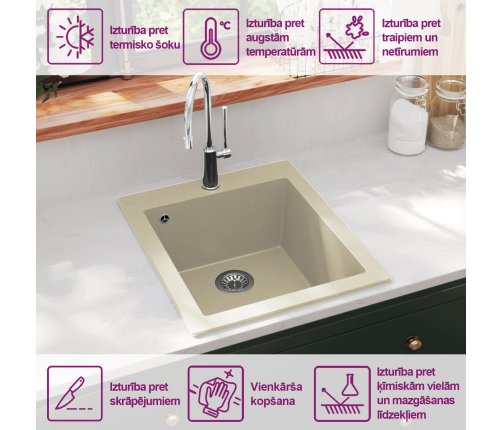 vidaXL virtuves izlietne, viena bļoda, bēša, granīts