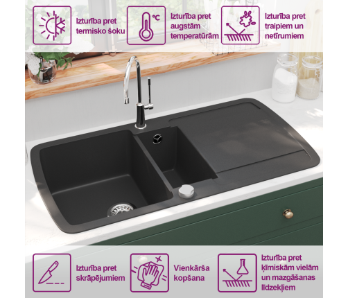 vidaXL virtuves izlietne, divas bļodas, melna, granīts
