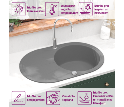 vidaXL virtuves izlietne, viena bļoda, ovāla, pelēka, granīts