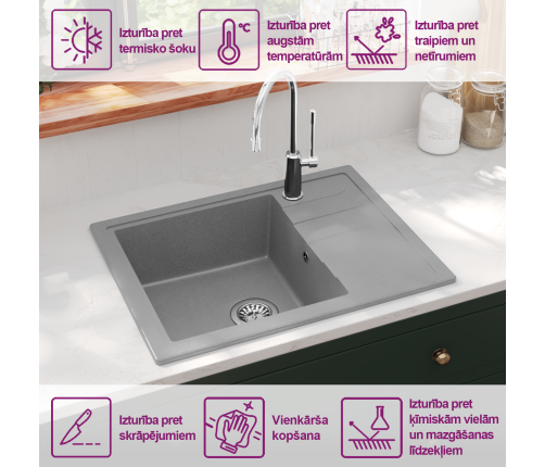 vidaXL virtuves izlietne ar noteci, pelēks granīts