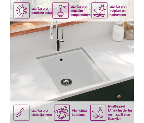 vidaXL virtuves izlietne ar noteci, balts granīts