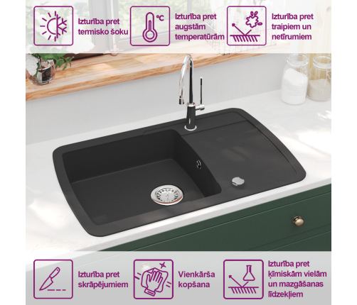 vidaXL virtuves izlietne, viena bļoda, melna, granīts
