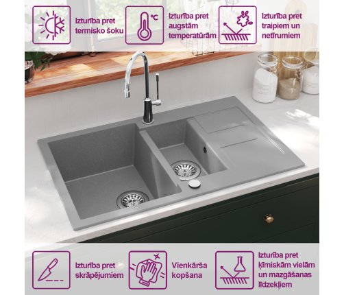 vidaXL virtuves izlietne, divas bļodas, pelēka, granīts