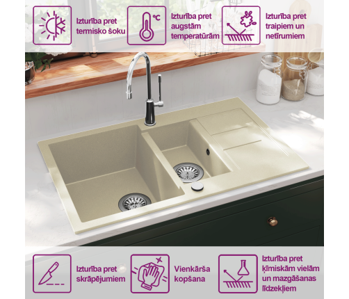 vidaXL virtuves izlietne, divas bļodas, bēšs granīts