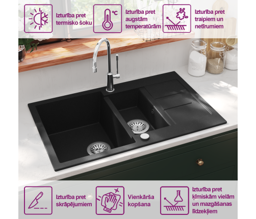 vidaXL virtuves izlietne, divas bļodas, melna, granīts