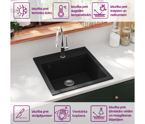 vidaXL virtuves izlietne, viena bļoda, melna, granīts